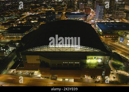 A general overall aerial view of Chase Field at night, Tuesday, Sept. 27, 2022, in Phoenix. The Stadium, formerly Bank One Ballpark, is the home of the Arizona Diamondbacks. Stock Photo