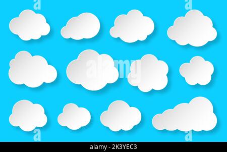 Paper cut clouds set on blue sky background. Forecast white cute cloud icon symbol collection. Cartoon style origami web banner with light and shadows. Various round shapes speech think bubble concept Stock Vector