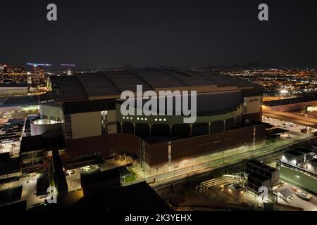 A general overall aerial view of Chase Field at night, Tuesday, Sept. 27, 2022, in Phoenix. The Stadium, formerly Bank One Ballpark, is the home of the Arizona Diamondbacks. Stock Photo