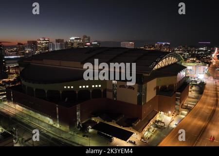 A general overall aerial view of Chase Field at night, Tuesday, Sept. 27, 2022, in Phoenix. The Stadium, formerly Bank One Ballpark, is the home of the Arizona Diamondbacks. Stock Photo