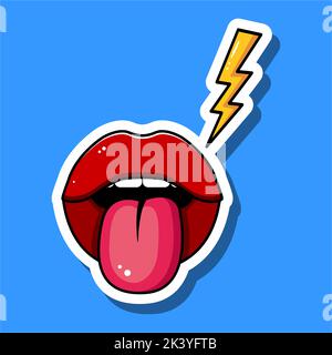 Sticker of a red open mouth with tongue and yellow lightning. Vector illustration Stock Vector