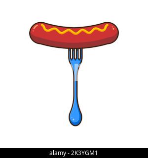 Cartoon image of a sausage with mustard and a fork. Sausage on a fork. Vector illustration Stock Vector