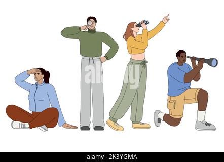 Flat business persons searching new work opportunities or business ideas. Employees looking into the future through binoculars, magnifying glass and spyglass. People team explore new horizons. Stock Vector