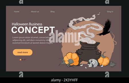 Happy Halloween Party Website Design. Landing Page Template with Symbols of Halloween Celebration. Flat Cartoon Vector Invitation Illustration for Website Page. Vector illustration Stock Vector