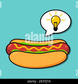 Cartoon hot dog, good idea, light bulb. Vector illustration Stock Vector