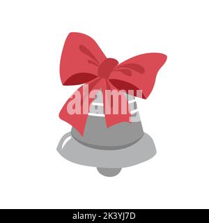 Christmas bell with a red bow. Doodle style. A design element. Minimalistic flat design. Stock Vector