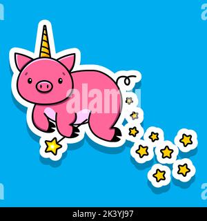 Image of a flying unicorn cat with a magic wand and stars. Vector illustration Stock Vector