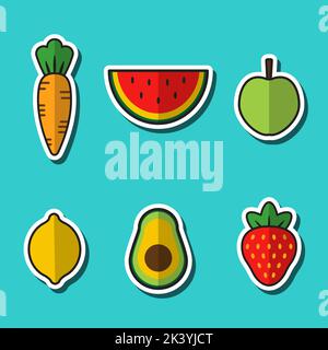 Vector set of images of fruits, vegetables and berries. Healthy food. Illustrations of strawberry and watermelon, apple and lemon, carrot and avocado. Multicolored elements on background. Stock Vector