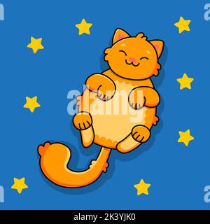 Sleeping smiling ginger cat on a blue background. Blue sky and yellow stars. Vector illustration Stock Vector