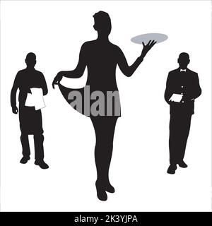 Vector Set Of Waiter And Waitress At Restaurant Silhouettes Illustration Isolated On White Background Stock Vector