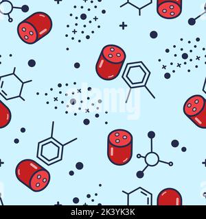 Seamless pattern on theme of fake meat grown in laboratory. Sausages and chemical elements on blue background. Stock Vector