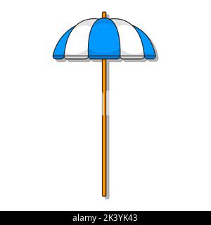 Cartoon illustration of a blue and white beach umbrella on a white background. Stock Vector