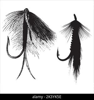 Vector Set Of Fly Fishing Lures Hooks Silhouettes Illustration Isolated On White Background Stock Vector