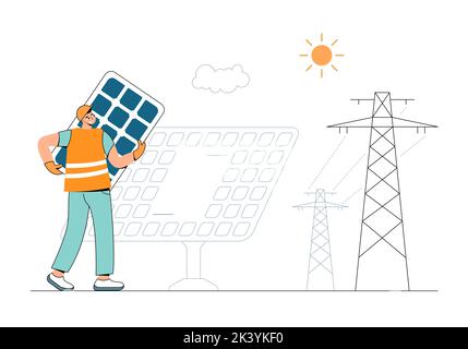 Smart and green energy. Worker set a panel at a solar power plant. Smart and green energy. Stock Vector