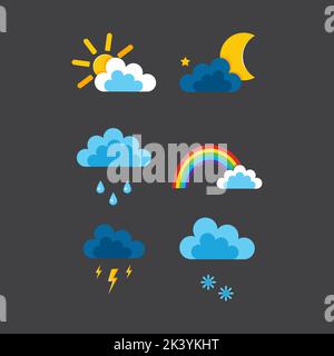A set of illustrations for the weather forecast. Vector images, on a dark background, clouds, clouds, rainbows, sun, stars, lightning, moon, snow and rain. Stock Vector