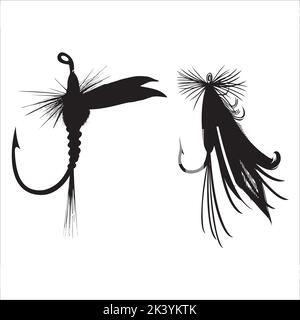 Vector Set Of Fly Fishing Lures Hooks Silhouettes Illustration Isolated On White Background Stock Vector