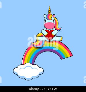 Cartoon Cute unicorn sits on a rainbow. Childrens illustration. Vector image. Stock Vector