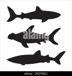 Vector Set Of Sharks Silhouettes Illustration Isolated On White Background Stock Vector