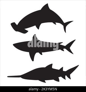 Vector Set Of Sharks Silhouettes Illustration Isolated On White Background Stock Vector