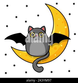 Fat gray cat with bat wings. Halloween drawing. Vector illustration. Stock Vector