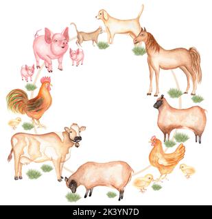 Watercolor farm animals wreath illustration. Hand drawn animal: cute pink pig, sheep, horse, cow, dog and hen print. Country life frame clip art. Stock Photo