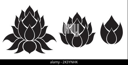 Vector set of mystical pictogram of lotuses. Sacred monochrome silhouette of water lily. Design element for logos and icons Stock Vector