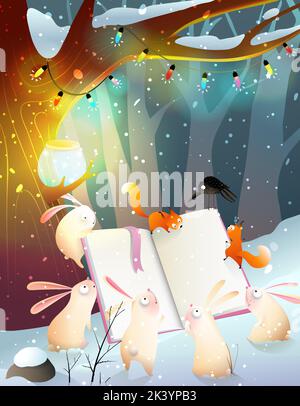 Cute Animals Reading Story Book in Winter Forest Stock Vector