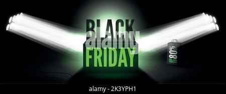 Black friday 80 percent discount poster template. Trendy uppercase letters inscription. 3d shopping bag illuminated by spotlights in darkness. Creative final sale banner design layout Stock Vector