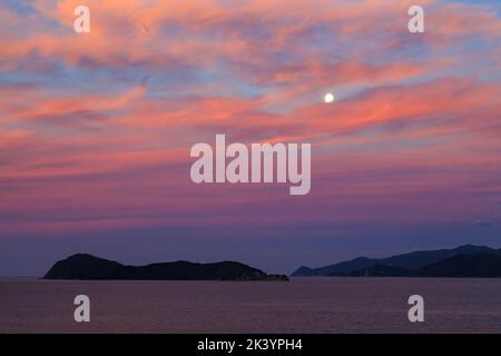 The full moon rises through a sky full of purple sunset clouds above Queen Charlotte Sound in the South Island of New Zealand Stock Photo