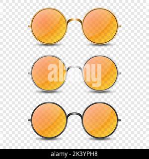 Vector 3d Realistic Round Frame Glasses Set with Orange Glass isolated, Transparent Sunglasses for Women and Men, Accessory. Optics, Lens, Vintage Stock Vector