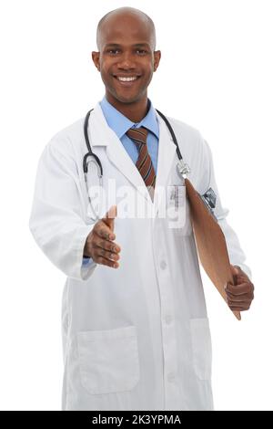 He makes his patients feel right at home. Portrait of a young doctor offering you a handshake. Stock Photo