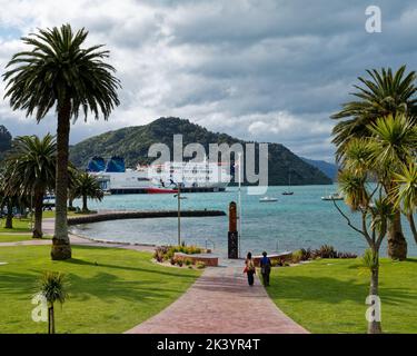 Picton, Marlborough Sounds / Aotearoa / New Zealand - September 20, 2022: Inter island Cook Strait ferry terminal with Interislander ferry viewed from Stock Photo