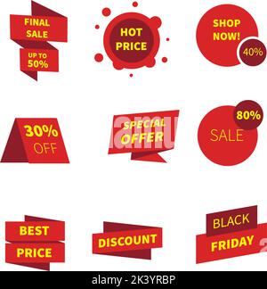 Sale red icons set discount banner isolated on white background. Stock Vector