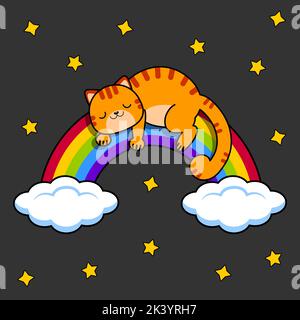Gray cat sleeps on a rainbow. Night sky and stars.Vector illustration Stock Vector