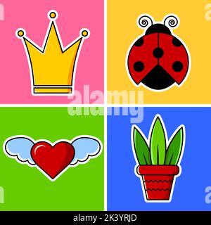 Clip art. Red ladybug, yellow crown, heart with wings and a flower in a pot. Stickers on a colored background. Stock Vector