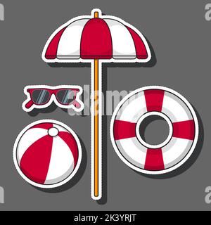 Cartoon sticker set. Beach umbrella, sunglasses, beach ball and life buoy, red and white stripes, on a dark background. Vector illustration. Stock Vector