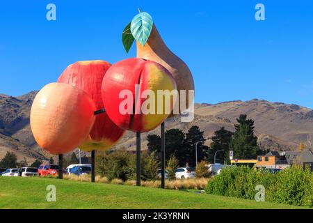 The giant fruit sculpture in Cromwell, a town in the South Island of New Zealand Stock Photo