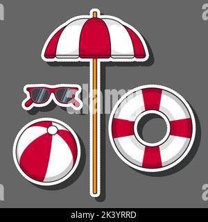Cartoon sticker set. Beach umbrella, sunglasses, beach ball and life buoy, red and white stripes, on a dark background. Vector illustration. Stock Vector