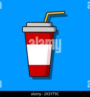 Flat image of a red glass with a drink and a drinking straw. Vector color illustration Stock Vector