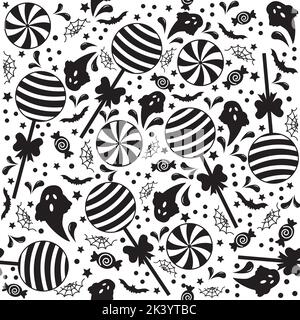 Halloween candy pattern, black and white vector illustration. Stock Vector