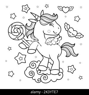 Cheerful unicorn with candy. Black and white linear image. Vecto Stock Vector