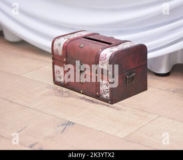 Vintage wedding chest. Box for money. Old wedding coffer Stock Photo