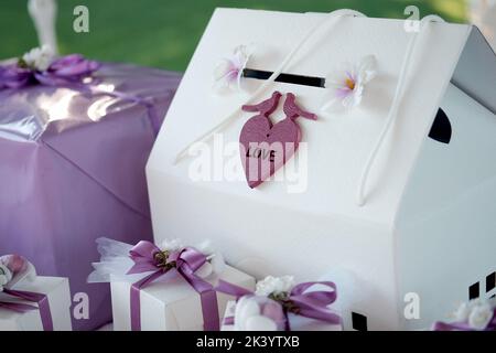 Set chest handmade for wedding money. Wedding traditions. Stock Photo