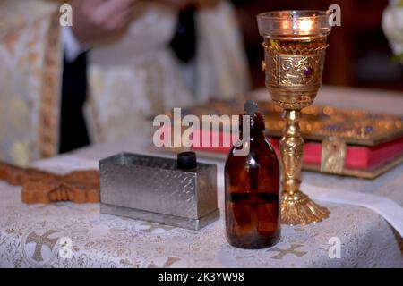 Items and attributes for the sacrament of baptism in the Orthodox Church Stock Photo