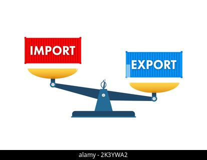 Port crane lift two red cargo containers with import and export words ...