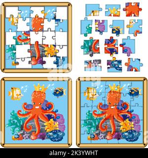 Octopus underwater photo puzzle game template illustration Stock Vector