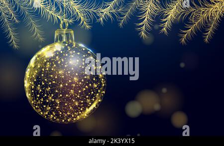 Christmas ball and Christmas tree branches. New Year banner. Wireframe abstract modern 3d vector illustration on blue background. Stock Vector