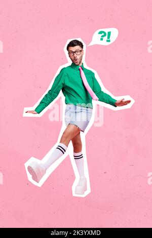 Vertical composite collage illustration of impressed questioned guy wear woman skirt long socks isolated on pink background Stock Photo
