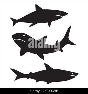 Vector Set Of Sharks Silhouettes Illustration Isolated On White Background Stock Vector