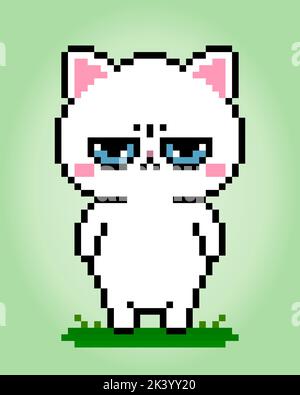 Pixel 8 bit angry white cat. Animals for game assets in vector illustration. Stock Vector
